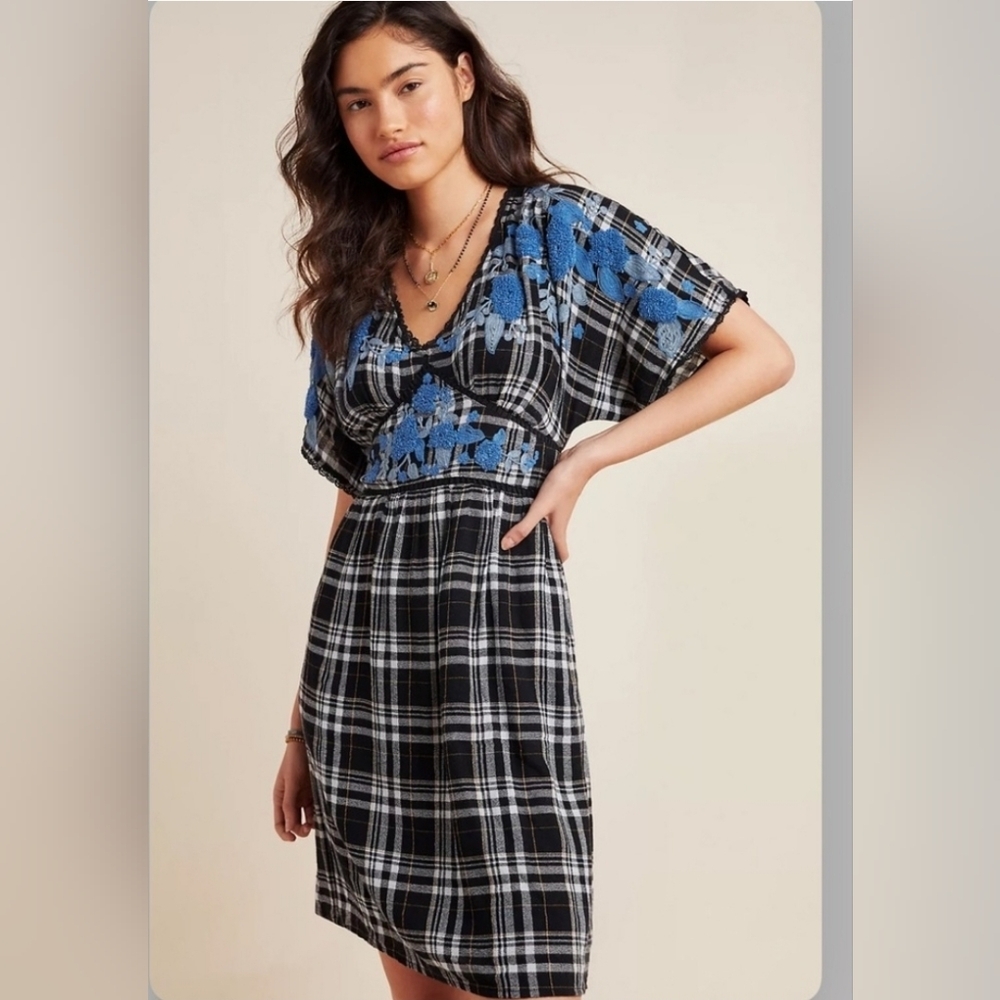 Anthropologie Black And White Plaid Dress With Blue Embroidery - Picture 5 of 11